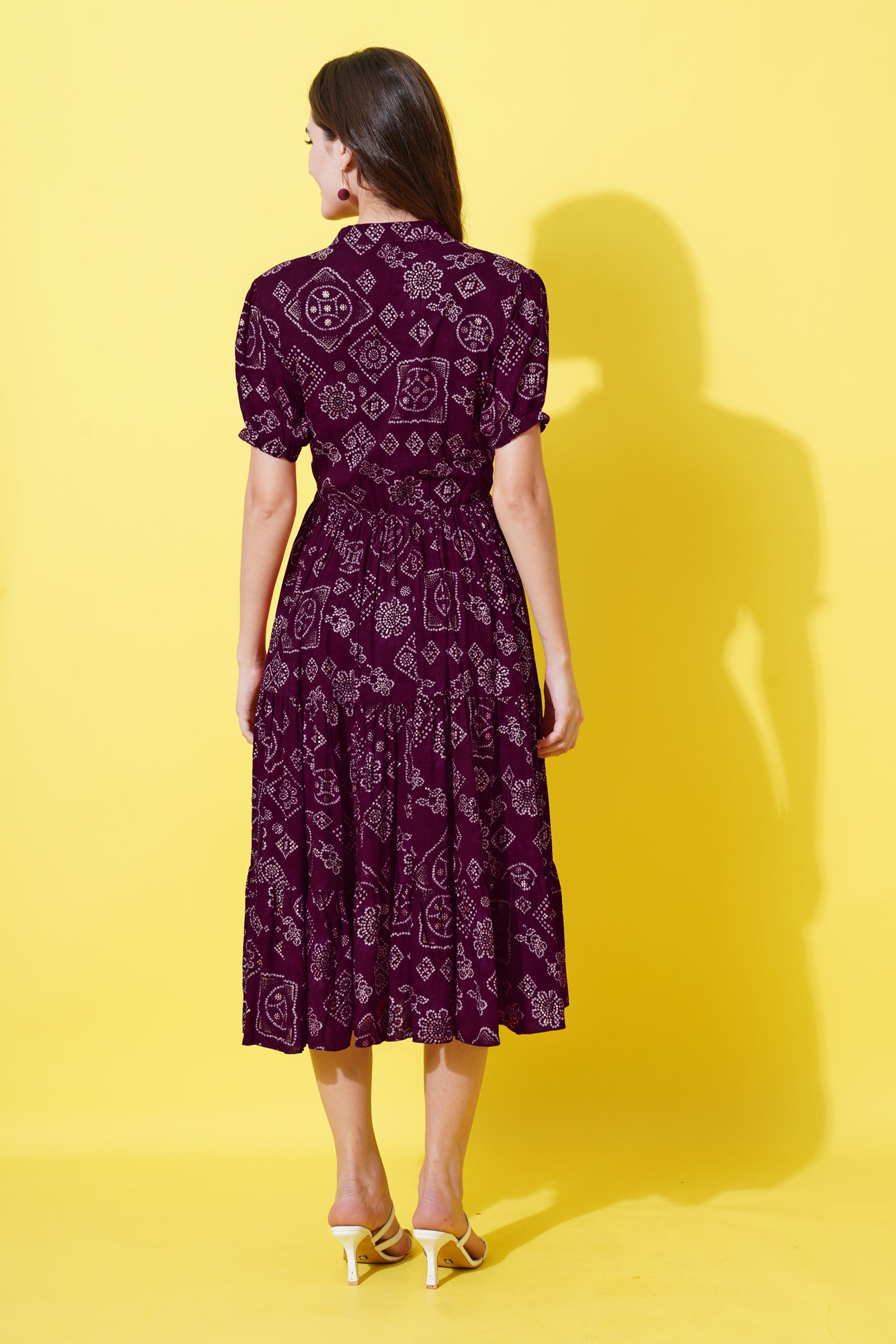 a-line fit and flare printed purple dress