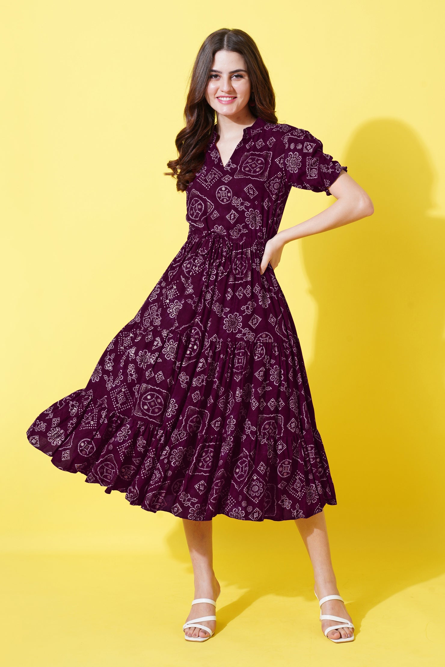 a-line fit and flare printed purple dress