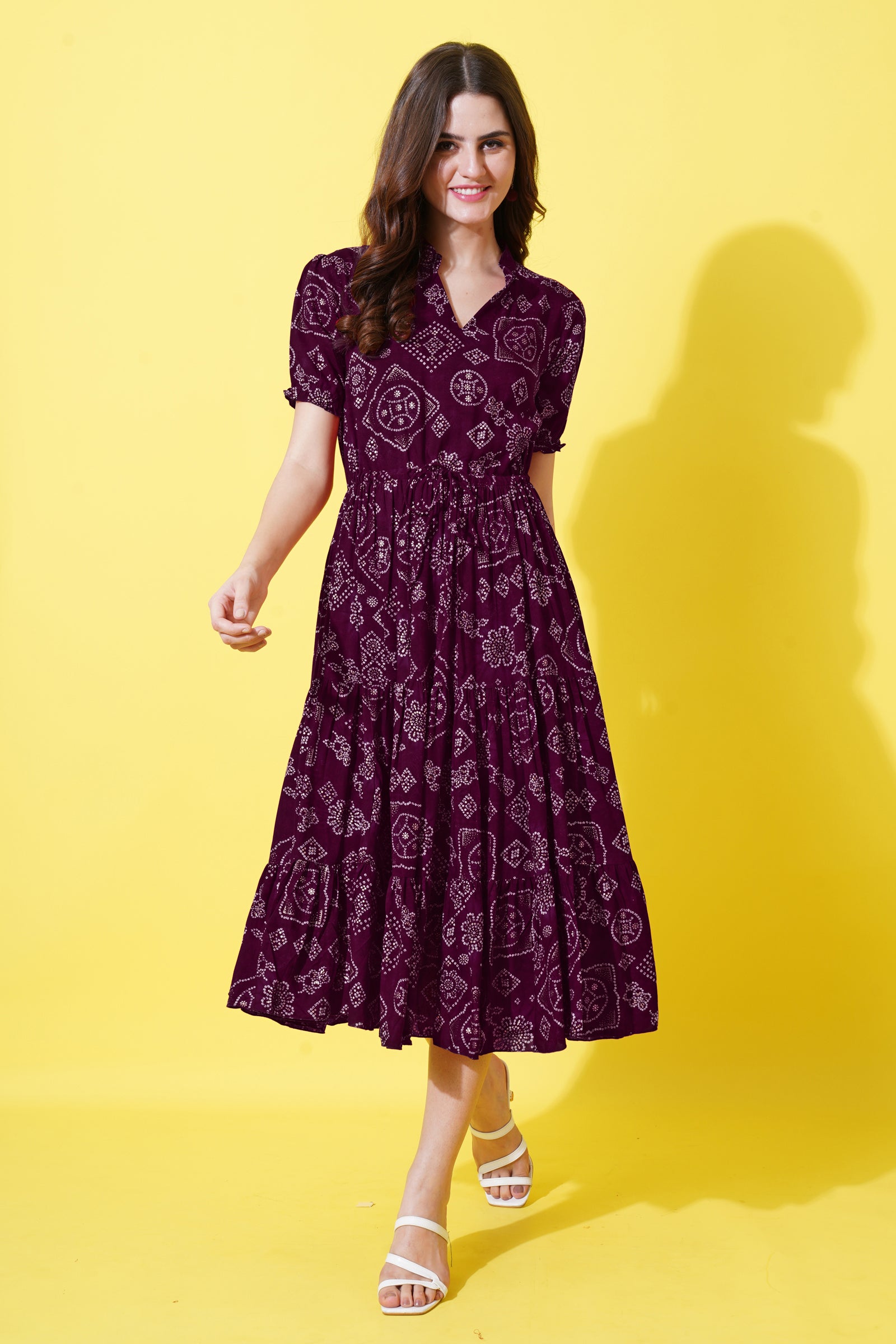 a-line fit and flare printed purple dress