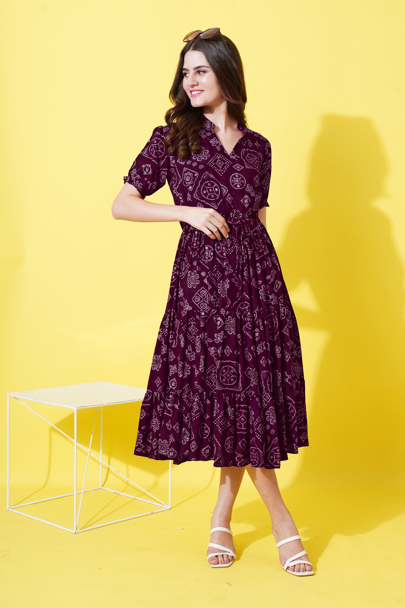 a-line fit and flare printed purple dress