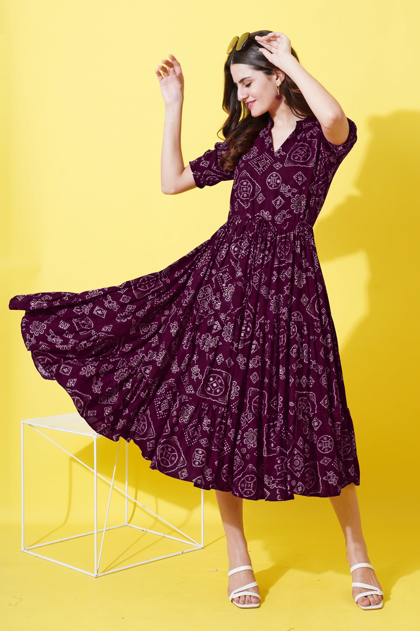 a-line fit and flare printed purple dress
