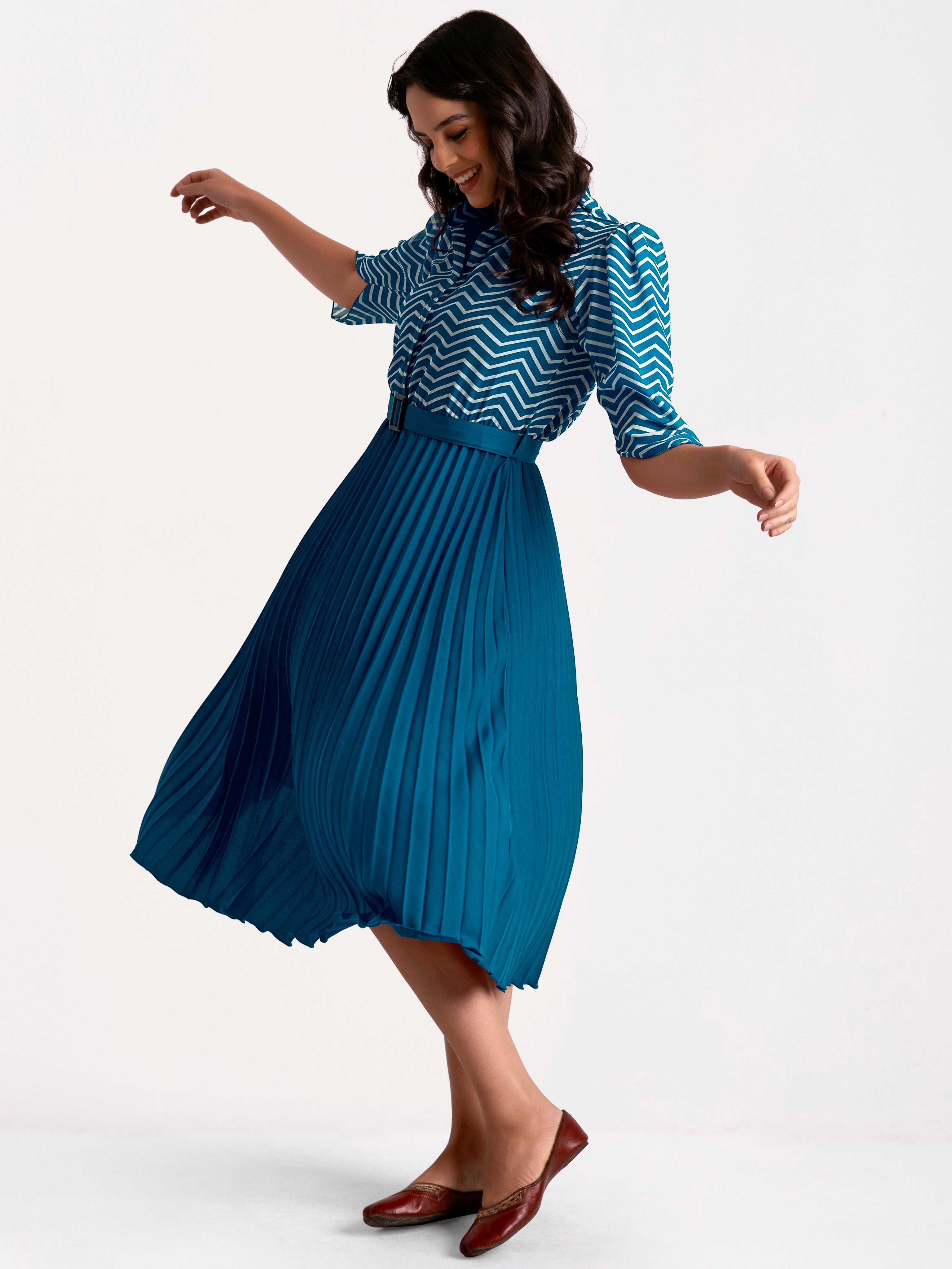 a-line fit and flare teal blue  dress