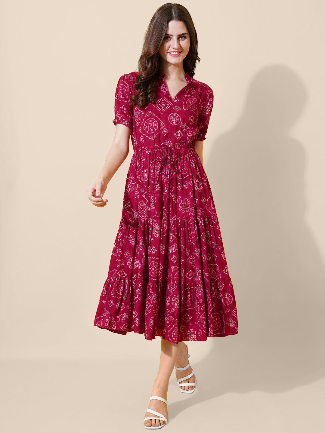 a-line fit and flare printed pink dress