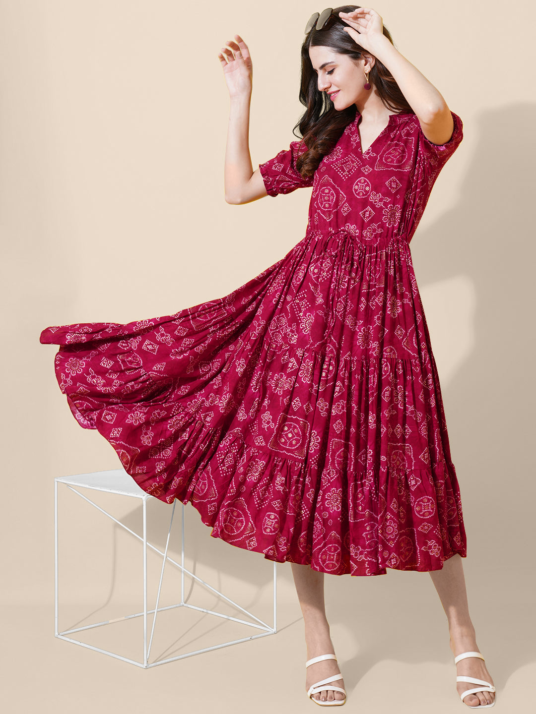 a-line fit and flare printed pink dress