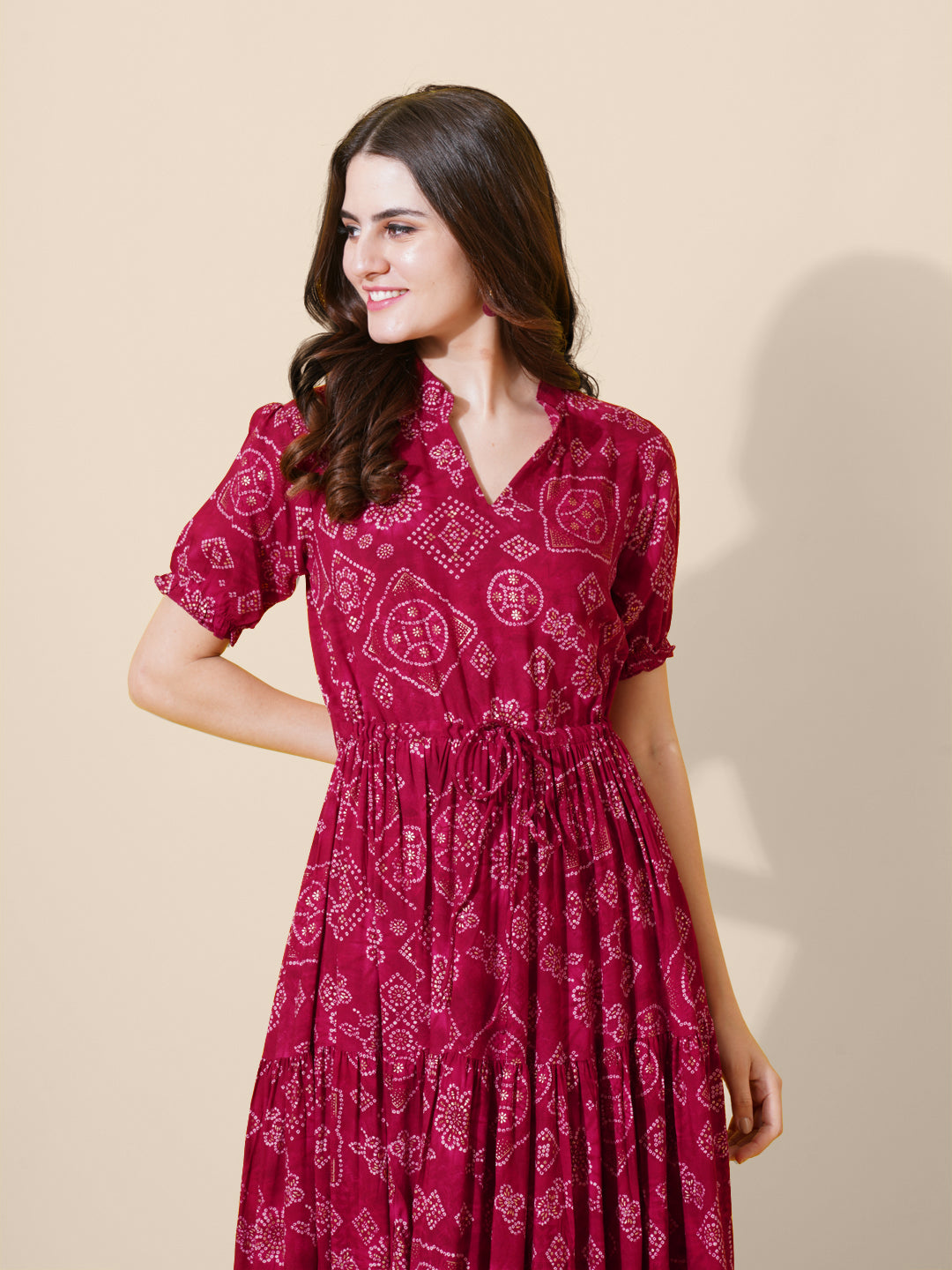 a-line fit and flare printed pink dress
