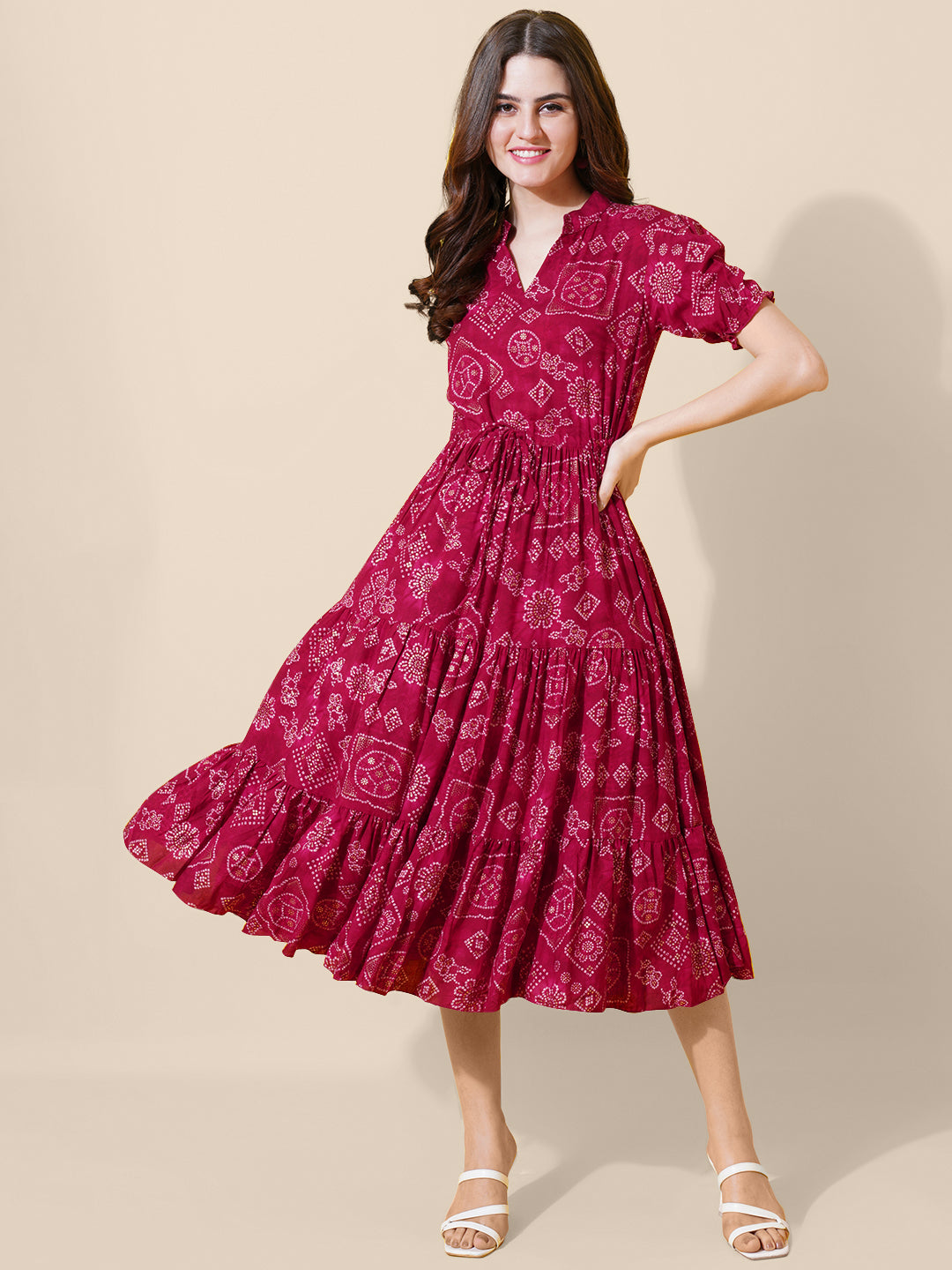 a-line fit and flare printed pink dress