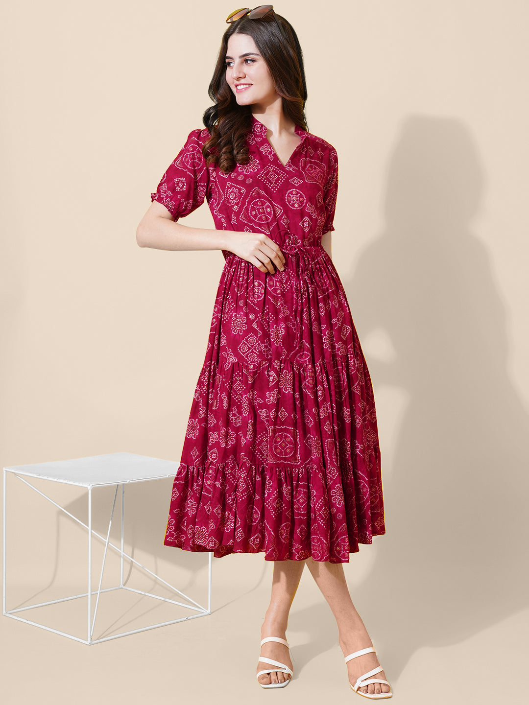 a-line fit and flare printed pink dress